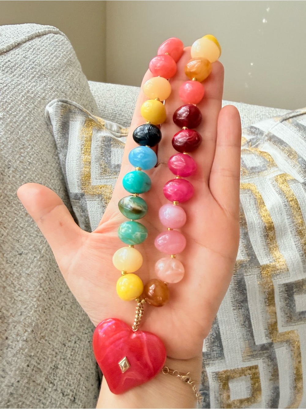 Multicolor Beaded Necklace with Red Heart Pendant - Picture 3 of 7